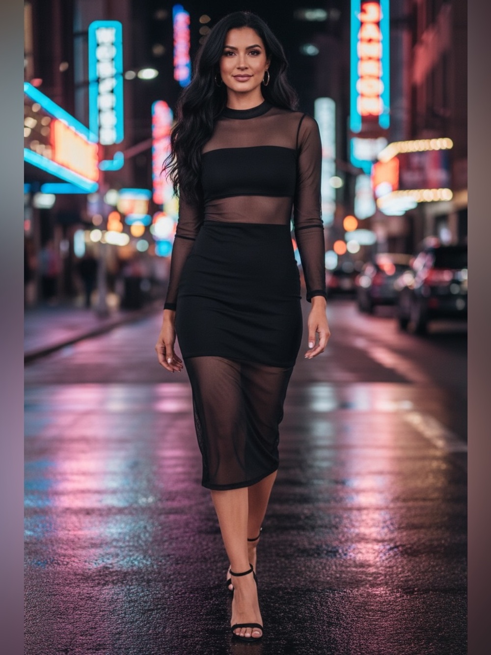 Heart & Hips Black Sheer-Panel Mixed Mesh Midi Long Sleeve Dress NWT